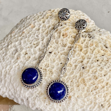 ER 14839 LP-A-(HANDMADE BALI 925 STERLING SILVER DANGLE EARRINGS WITH ROUND LAPIS)